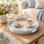 Easter Decorative Serving Tray – Pink Folk Medley Allover plastic serving tray shown in a round styled scene.