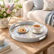 Easter Decorative Serving Tray – Pink Folk Medley Allover plastic serving tray shown in a round styled scene.