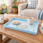 Easter Decorative Serving Tray – Green Check Floral plastic serving tray shown in a rectangular styled scene.