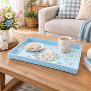 Easter Decorative Serving Tray – Green Check Floral plastic serving tray shown in a rectangular styled scene.