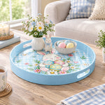 Easter Decorative Serving Tray – Green Check Floral plastic serving tray shown in a round styled scene.
