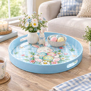 Easter Decorative Serving Tray – Green Check Floral plastic serving tray shown in a round styled scene.