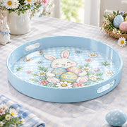 Easter Decorative Serving Tray – Green Check Floral plastic serving tray shown in a round product view.
