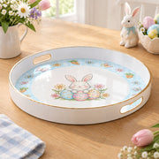 Easter Decorative Serving Tray – Gold Egg Blue Bloom plastic serving tray shown in a round product view.