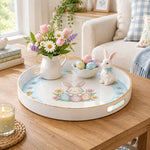 Easter Decorative Serving Tray – Gold Egg Blue Bloom plastic serving tray shown in a round styled scene.