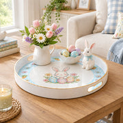 Easter Decorative Serving Tray – Gold Egg Blue Bloom plastic serving tray shown in a round styled scene.