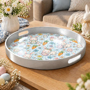 Easter Decorative Serving Tray – Green Folk Leaf Border plastic serving tray shown in a round product view.
