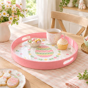 Easter Decorative Serving Tray – Blue Egg Border Ring plastic serving tray shown in a round styled scene.