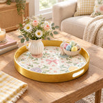 Easter Decorative Serving Tray – Pink Bloom Folk Egg plastic serving tray shown in a round styled scene.