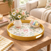 Easter Decorative Serving Tray – Pink Bloom Folk Egg plastic serving tray shown in a round styled scene.