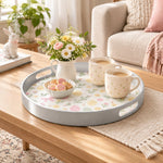 Easter Decorative Serving Tray – Blue Folk Egg Field plastic serving tray shown in a round styled scene.