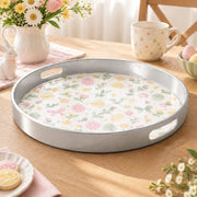 Easter Decorative Serving Tray – Blue Folk Egg Field plastic serving tray shown in a round product view.