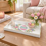 Easter Decorative Serving Tray – Green Egg Bloom Medley plastic serving tray shown in a rectangular styled scene.