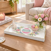 Easter Decorative Serving Tray – Green Egg Bloom Medley plastic serving tray shown in a rectangular styled scene.
