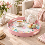Easter Decorative Serving Tray – Gold Folk Bouquet plastic serving tray shown in a round styled scene.