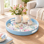 Easter Decorative Serving Tray – Silver Colour Folk plastic serving tray shown in a round styled scene.