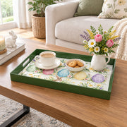 Easter Decorative Serving Tray – Pastel Egg Row with Bunny plastic serving tray shown in a rectangular styled scene.