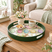 Easter Decorative Serving Tray – Pastel Egg Row with Bunny plastic serving tray shown in a round styled scene.