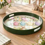 Easter Decorative Serving Tray – Pastel Egg Row with Bunny plastic serving tray shown in a round product view.