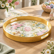 Easter Decorative Serving Tray – Cream Peony and Egg plastic serving tray shown in a round product view.