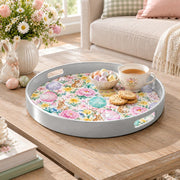 Easter Decorative Serving Tray – Pastel Egg Meadow plastic serving tray shown in a round styled scene.