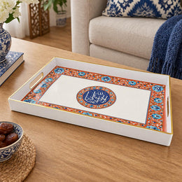 Ramadan Plastic Serving Tray – Cream Orange Medallion plastic serving tray shown in a rectangular product view.