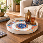 Ramadan Plastic Serving Tray – Cream Orange Medallion plastic serving tray shown in a round styled scene.