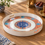 Ramadan Plastic Serving Tray – Cream Orange Medallion plastic serving tray shown in a round product view.