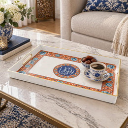 Ramadan Plastic Serving Tray – Cream Orange Medallion plastic serving tray shown in a rectangular styled scene.