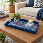 Ramadan Plastic Serving Tray – Navy and White Pattern plastic serving tray shown in a rectangular styled scene.