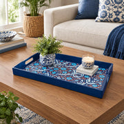 Ramadan Plastic Serving Tray – Navy and White Pattern plastic serving tray shown in a rectangular styled scene.