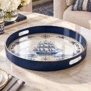 Ramadan Plastic Serving Tray – Navy and White Pattern plastic serving tray shown in a round product view.