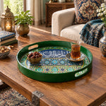 Ramadan Plastic Serving Tray – Green and Blue Script plastic serving tray shown in a round styled scene.