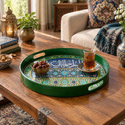 Ramadan Plastic Serving Tray – Green and Blue Script plastic serving tray shown in a round styled scene.