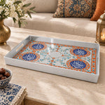 Ramadan Plastic Serving Tray – Silver Blue Medallions plastic serving tray shown in a rectangular product view.