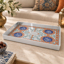 Ramadan Plastic Serving Tray – Silver Blue Medallions plastic serving tray shown in a rectangular product view.
