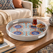 Ramadan Plastic Serving Tray – Silver Blue Medallions plastic serving tray shown in a round styled scene.