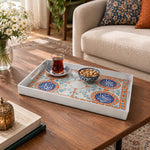 Ramadan Plastic Serving Tray – Silver Blue Medallions plastic serving tray shown in a rectangular styled scene.