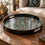 Ramadan Plastic Serving Tray – Black Teal Medallion plastic serving tray shown in a round product view.