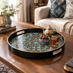 Ramadan Plastic Serving Tray – Black Teal Medallion plastic serving tray shown in a round styled scene.