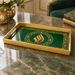 Ramadan Plastic Serving Tray – Gold Script Green Keyline plastic serving tray shown in a rectangular product view.