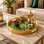 Ramadan Plastic Serving Tray – Gold Script Green Keyline plastic serving tray shown in a round styled scene.