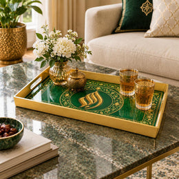 Ramadan Plastic Serving Tray – Gold Script Green Keyline plastic serving tray shown in a rectangular styled scene.