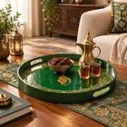 Ramadan Plastic Serving Tray – Green Gold Script Band plastic serving tray shown in a round styled scene.