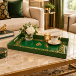 Ramadan Plastic Serving Tray – Green Gold Script Band plastic serving tray shown in a rectangular styled scene.