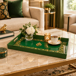 Ramadan Plastic Serving Tray – Green Gold Script Band plastic serving tray shown in a rectangular styled scene.