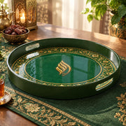 Ramadan Plastic Serving Tray – Green Gold Script Band plastic serving tray shown in a round product view.