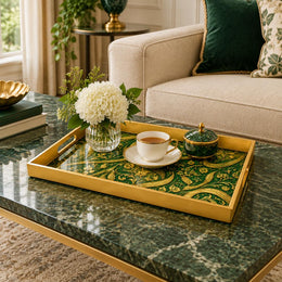 Ramadan Plastic Serving Tray – Gold Scale Pattern Field plastic serving tray shown in a rectangular styled scene.