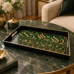 Ramadan Plastic Serving Tray – Black Teal Gold Medallion plastic serving tray shown in a rectangular product view.