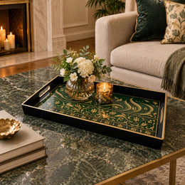 Ramadan Plastic Serving Tray – Black Teal Gold Medallion plastic serving tray shown in a rectangular styled scene.